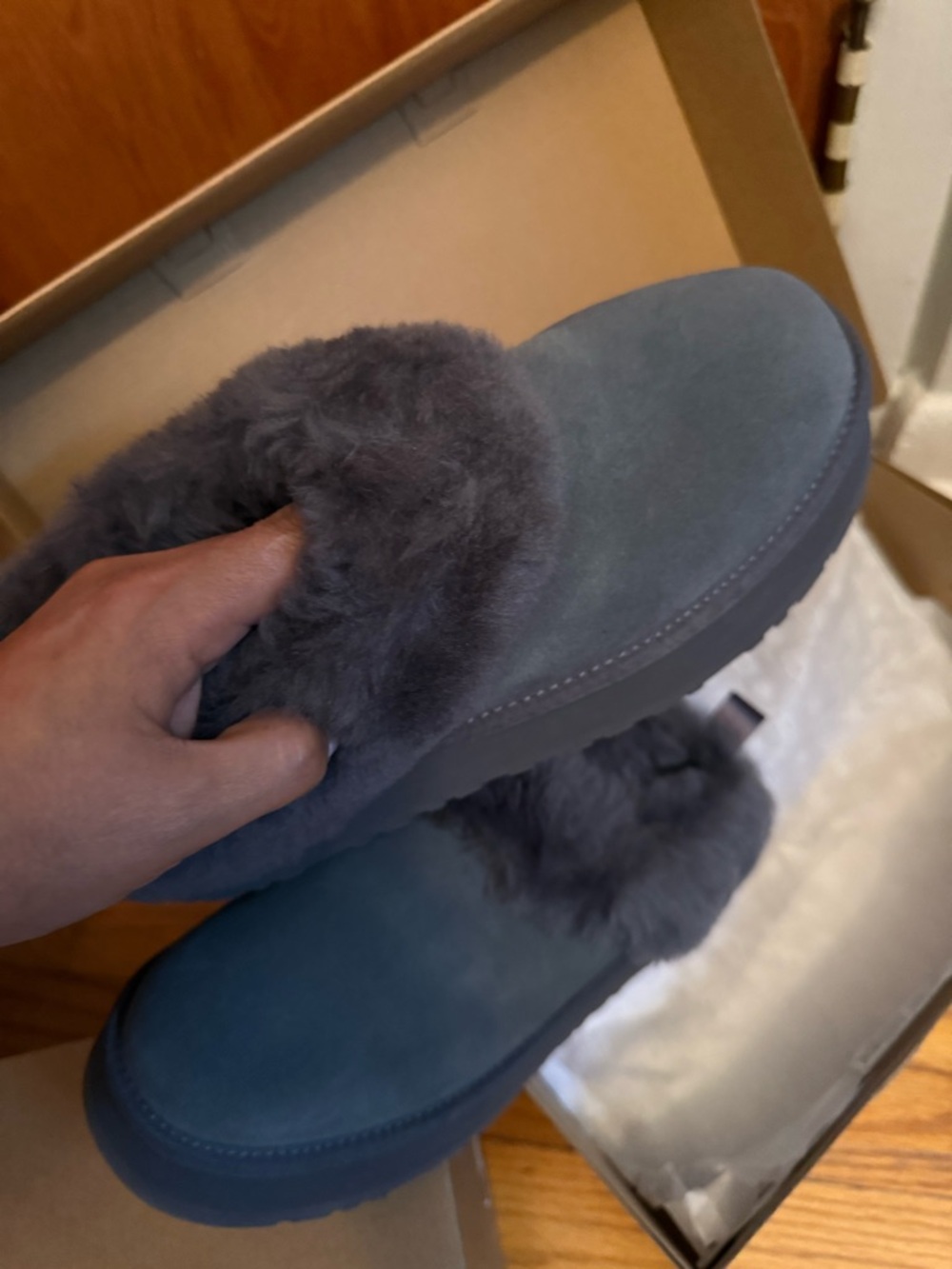 UGG Gray Suede Shearling Clog Mules